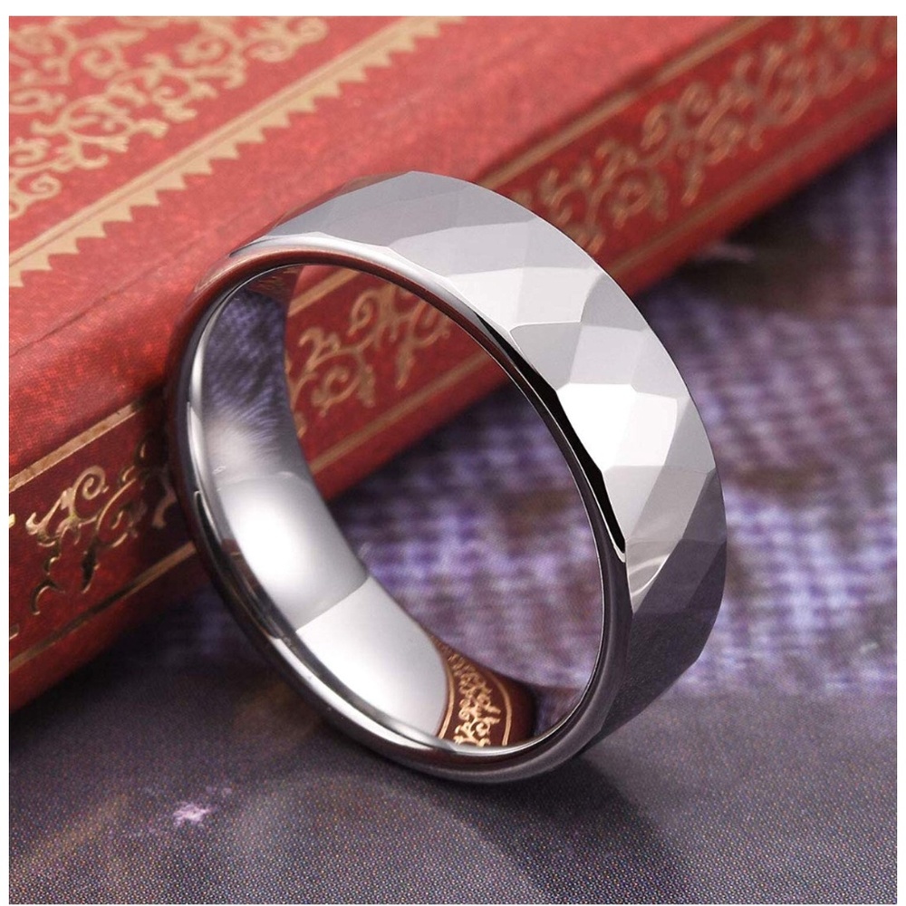 8mm Diamond Pattern Silver Tungsten Carbide Ring